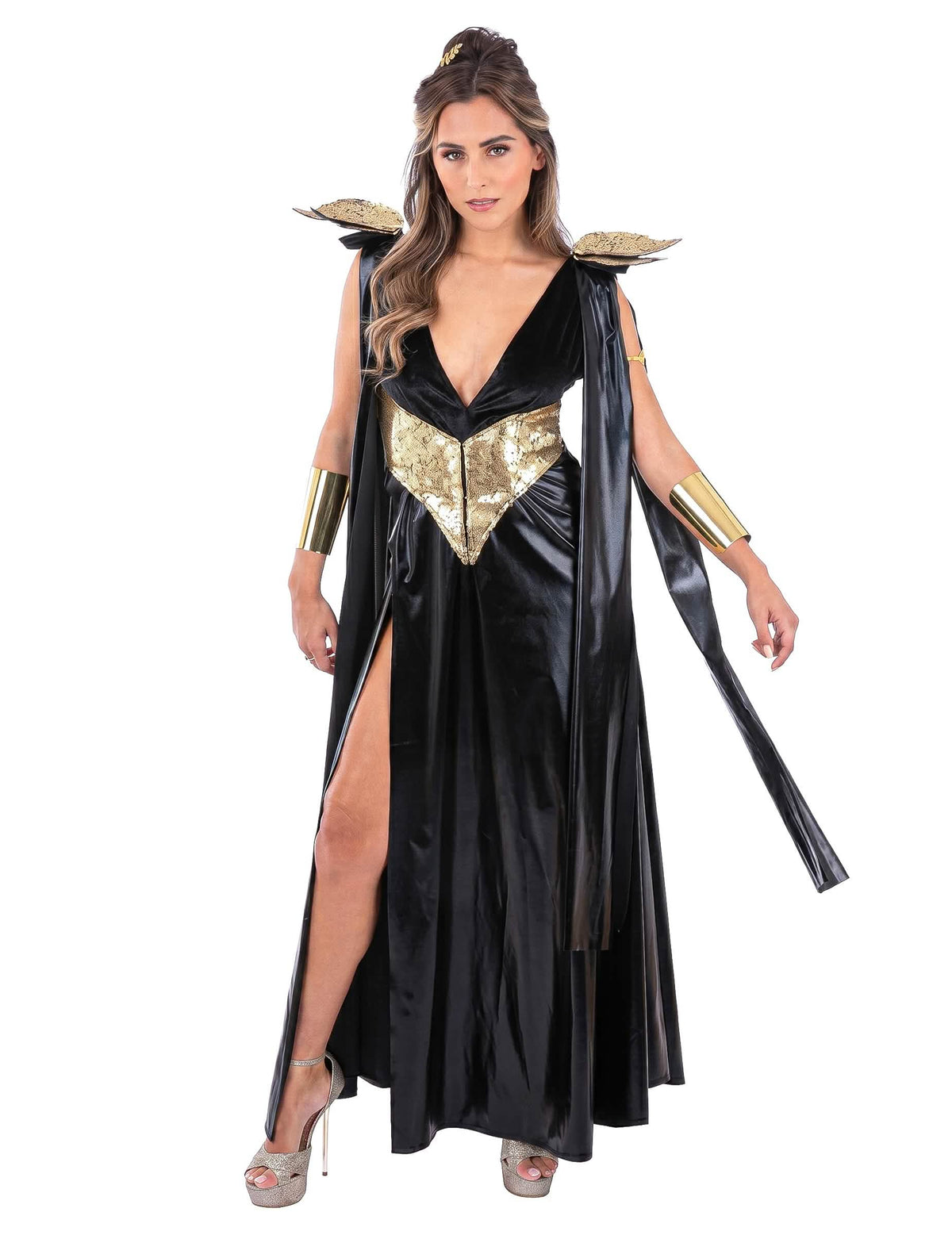 Costum de regină malefică negru și auriu pentru femei