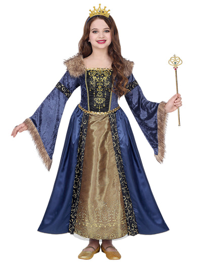 Costum de regină medievală de iarnă pentru fată, albastru și auriu, cu detalii din blană