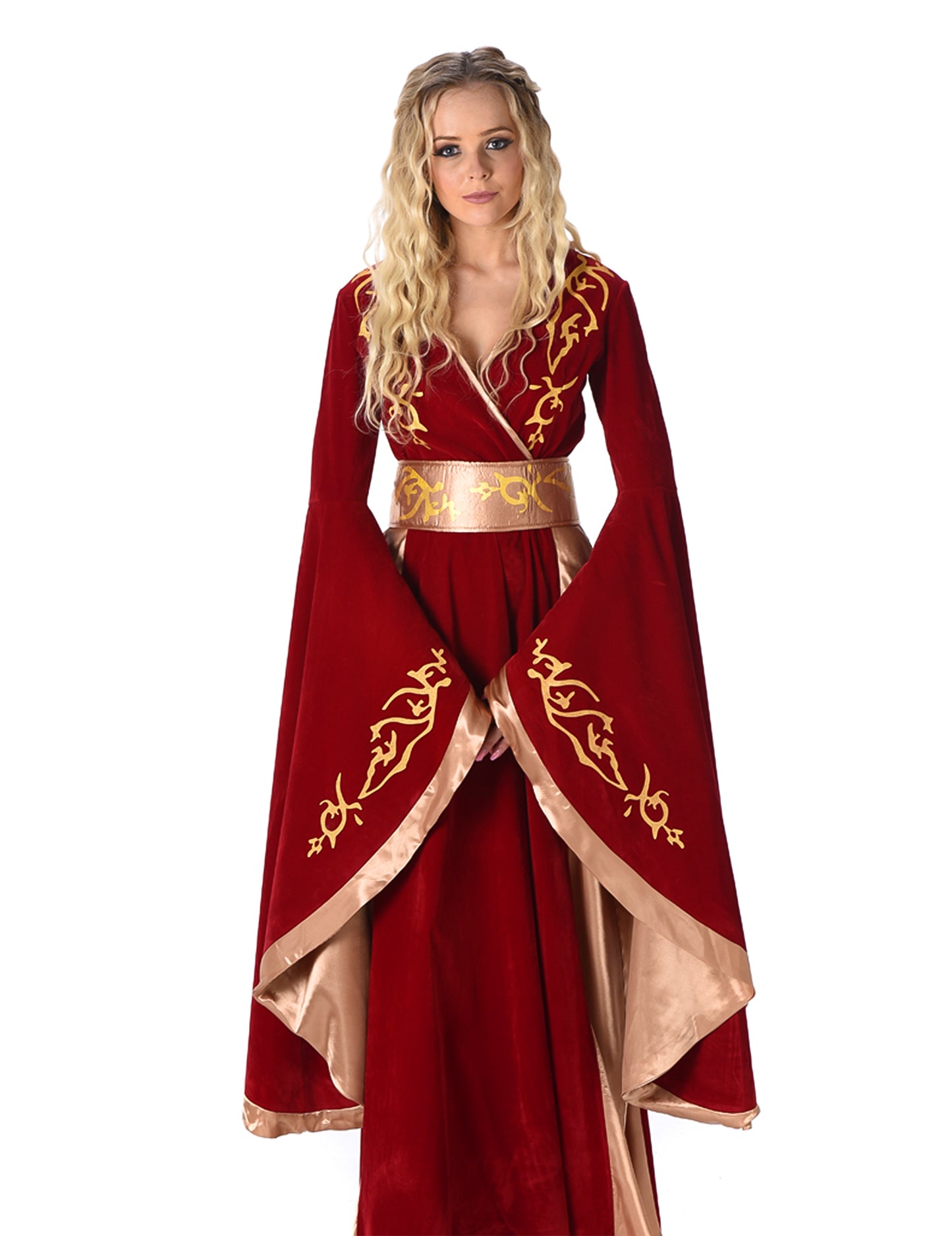 Femeie de costum regină medievală roșie și aurie