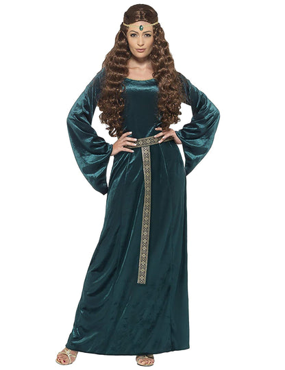 Déguisement de reine médiévale pour femme verte en velours avec ceinture et bandeau dorés