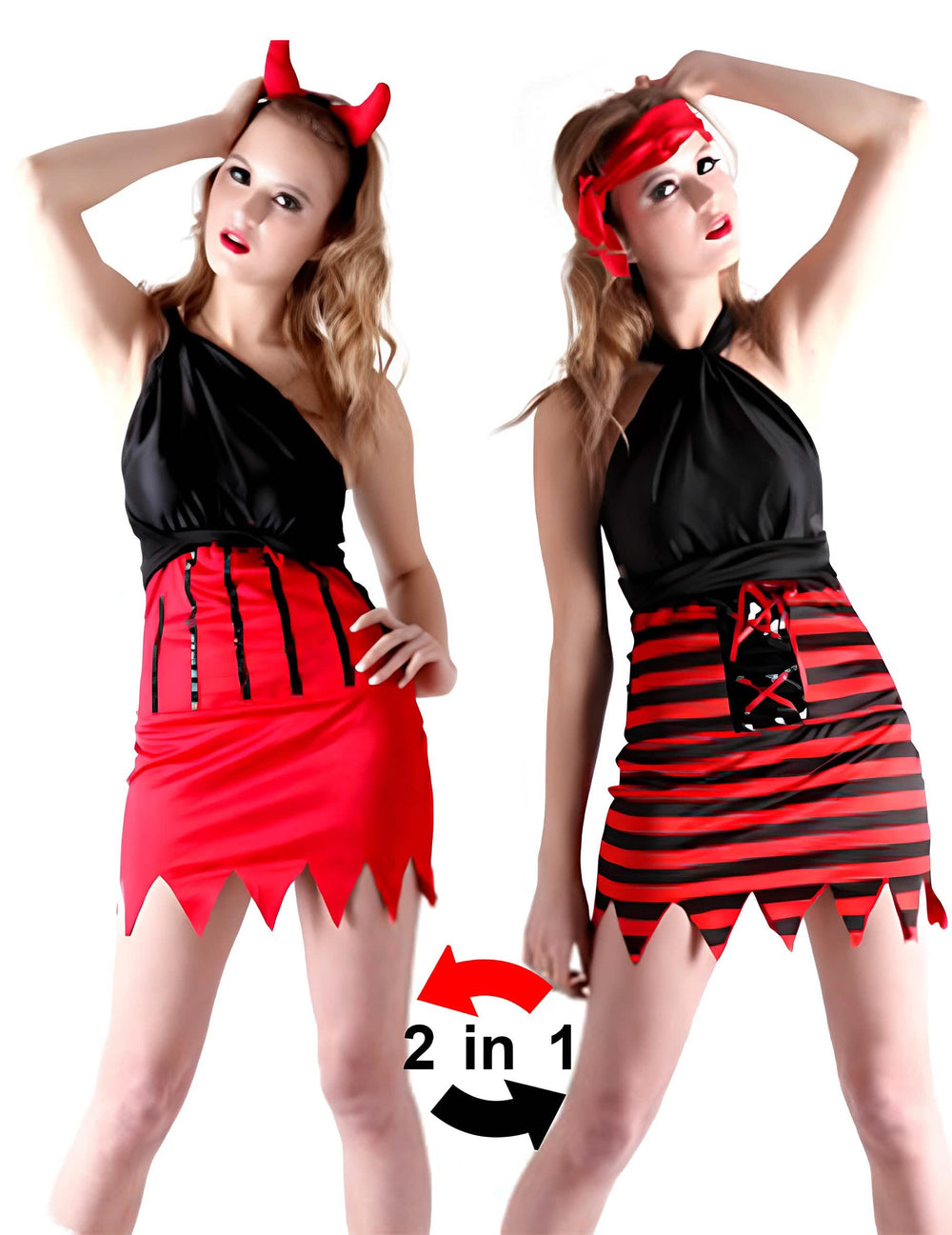 Costum reversibil de pirat și demon pentru femeie roșu și negru