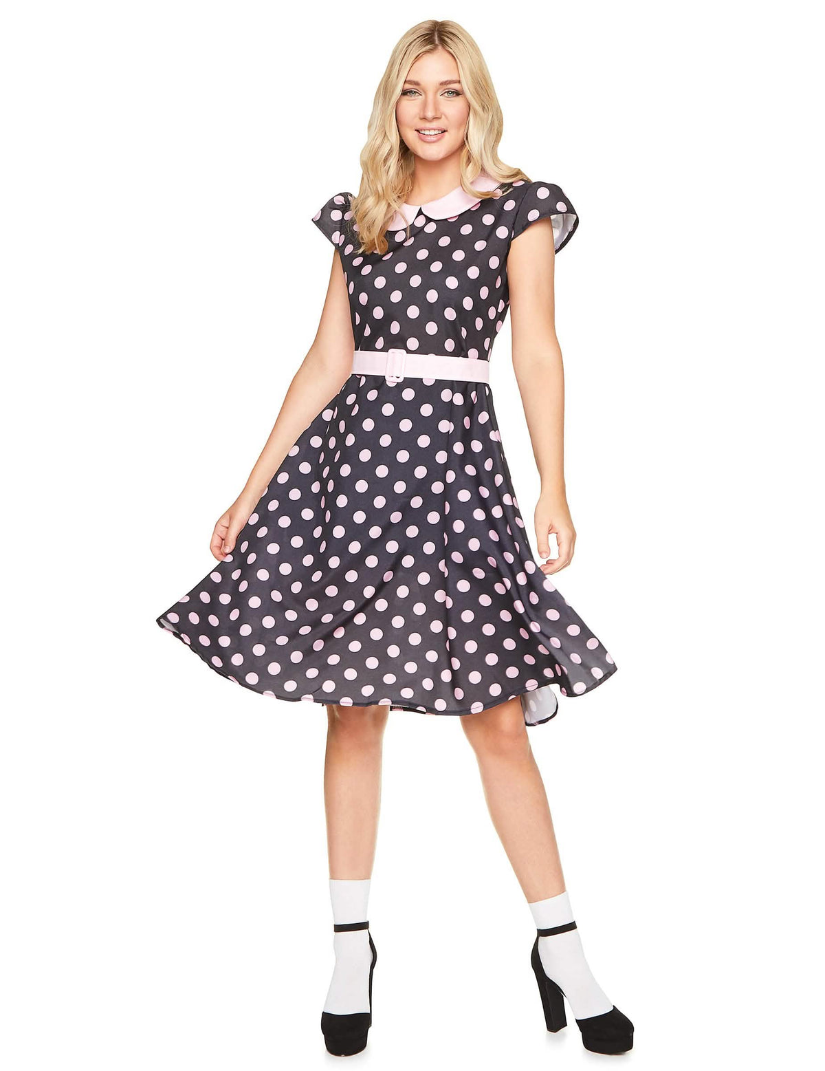 Costum rochie anii ’50 pentru femeie negru cu buline roz