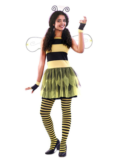 Déguisement robe abeille pour femme jaune et noir avec ailes et serre-tête