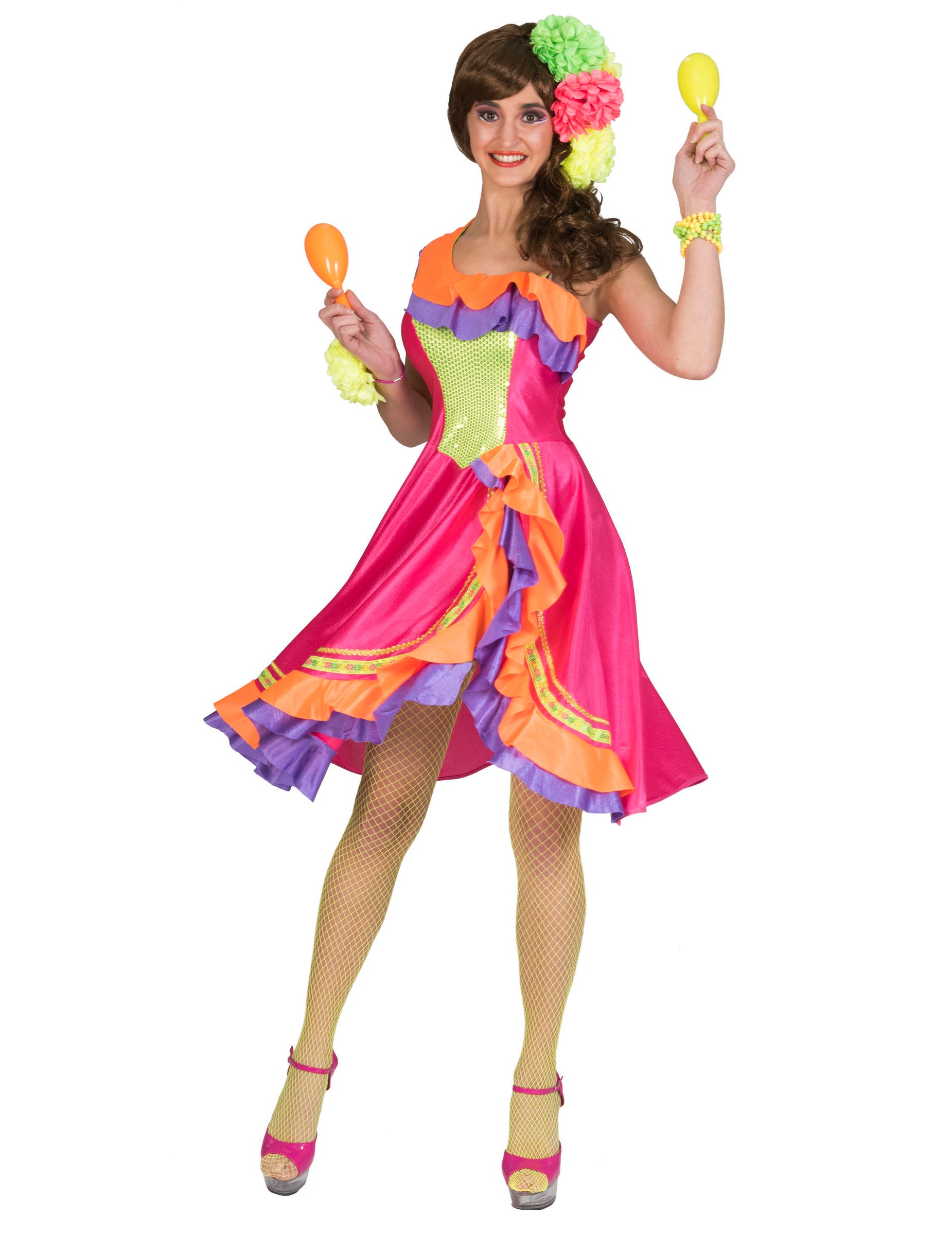 Déguisement robe danseuse de rumba pour femme rose avec froufrous multicolores