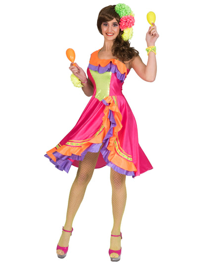 Déguisement robe danseuse de rumba pour femme rose avec froufrous multicolores