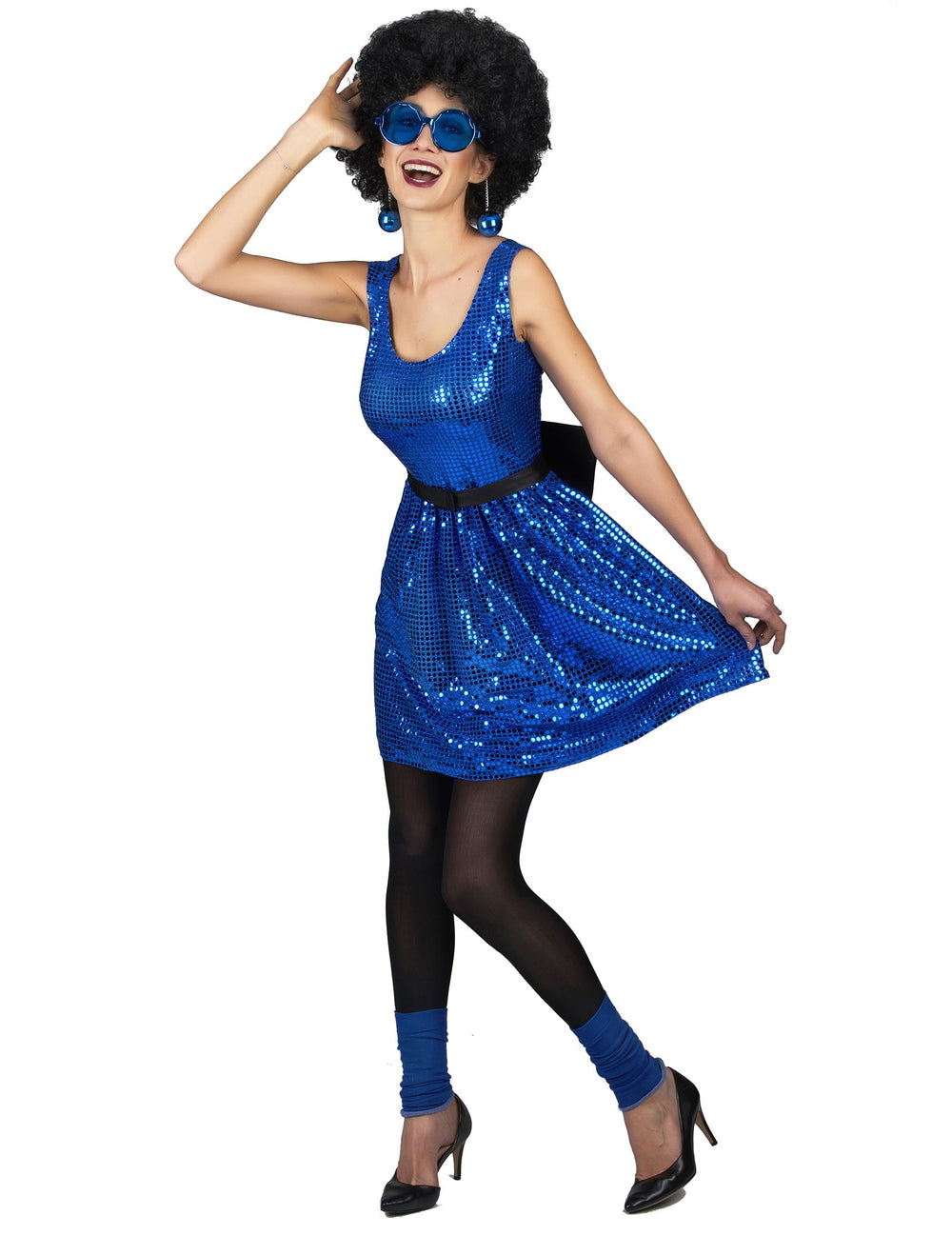 Déguisement robe disco pour femme bleue à paillettes avec gros nœud