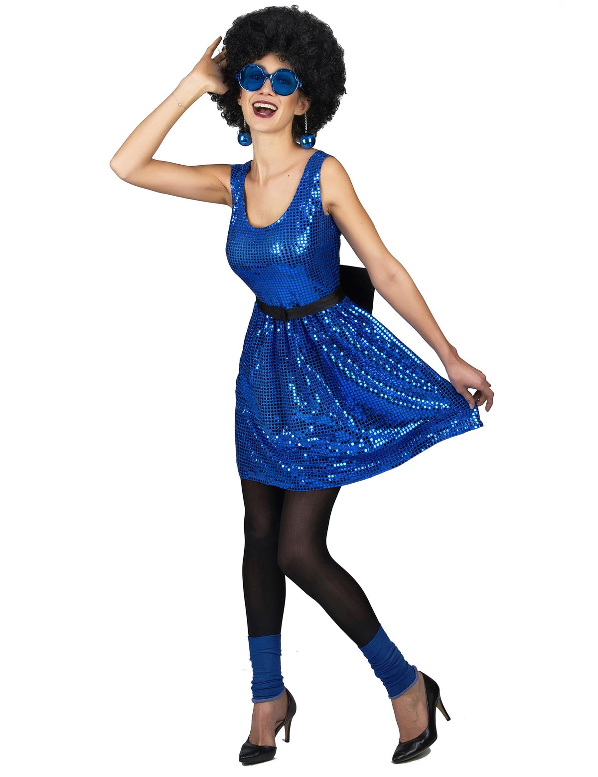 Déguisement robe disco pour femme bleue à paillettes avec gros nœud