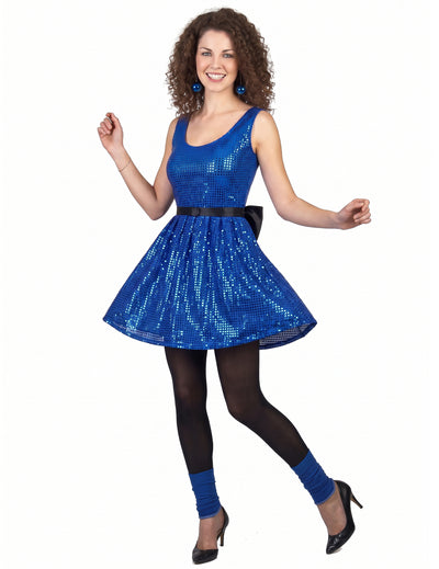 Rochie de discotecă albastră disco -disco paillet cu o femeie mare cu nod