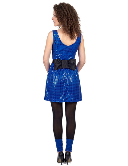 Rochie de discotecă albastră disco -disco paillet cu o femeie mare cu nod