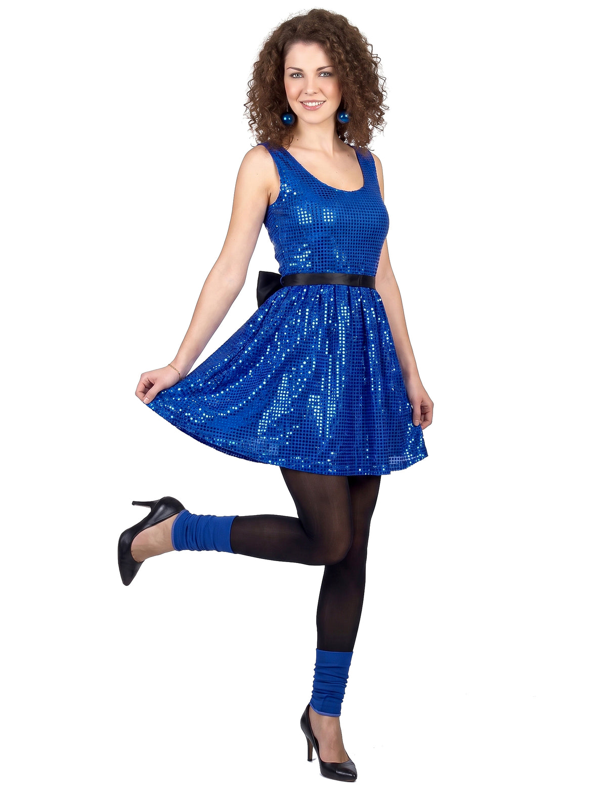 Rochie de discotecă albastră disco -disco paillet cu o femeie mare cu nod