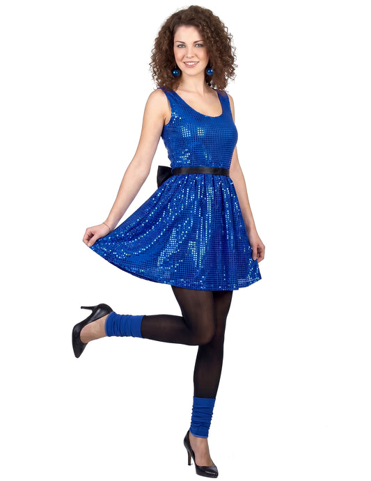 Rochie de discotecă albastră disco -disco paillet cu o femeie mare cu nod