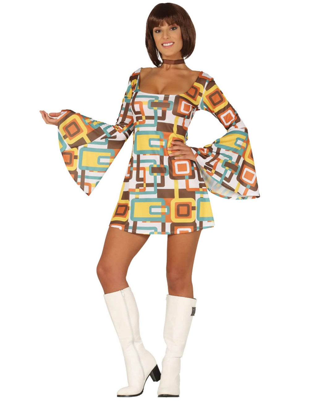 Disfraz rochie disco geometrică pentru femeie multicolor cu motive retro și mâneci evazate