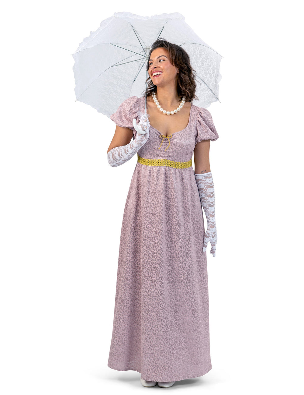 Déguisement robe empire pour femme mauve avec ceinture dorée et ombrelle blanche