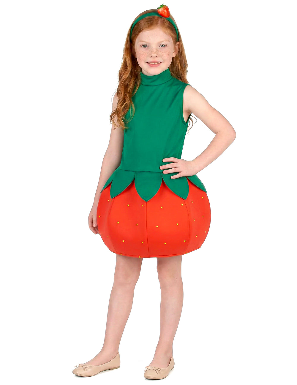 Vue de face du déguisement robe fraise pour fille
