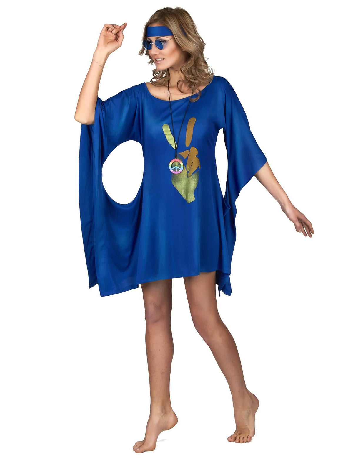 Vedere din față a costumului rochie hippie peace și love pentru femeie