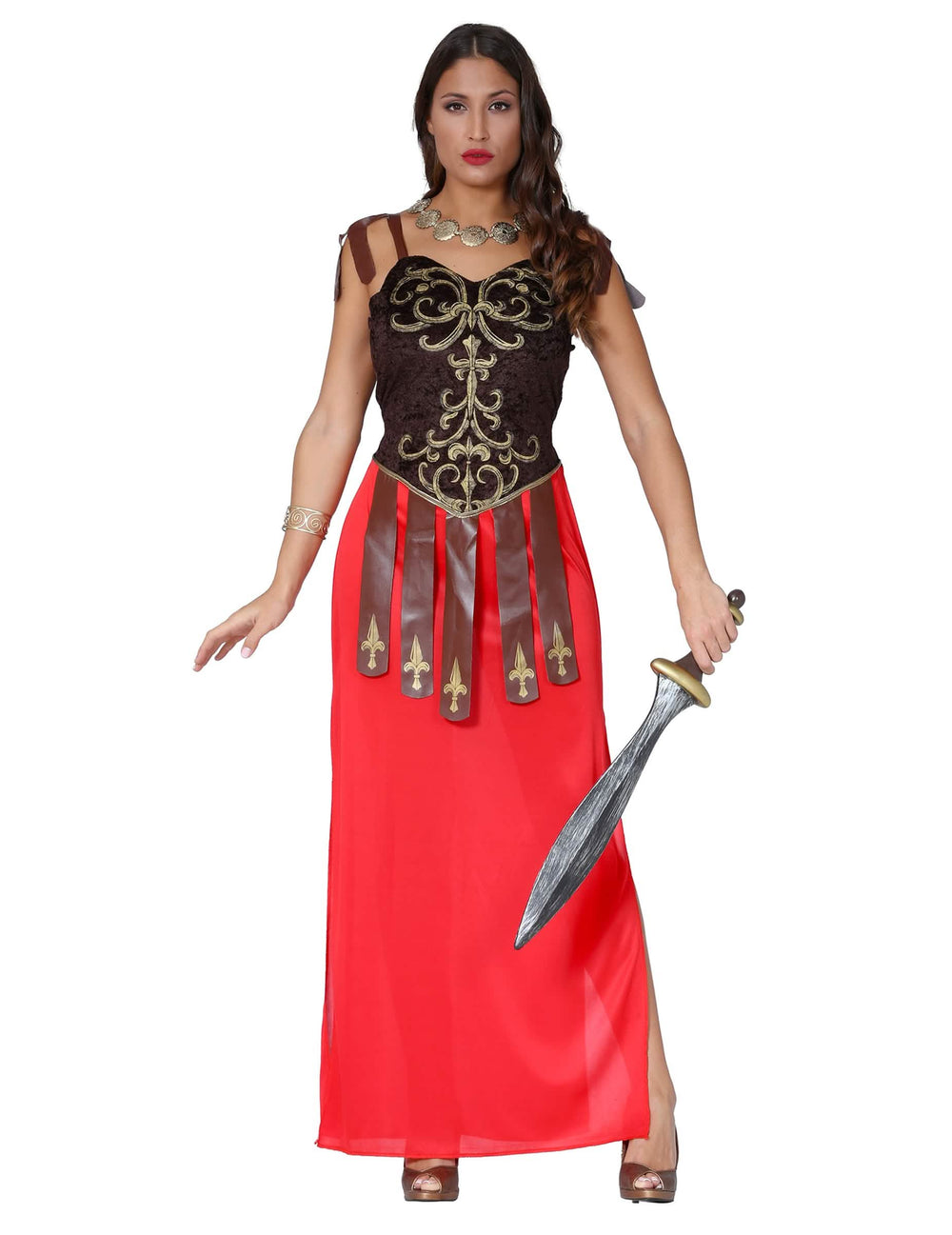 Costum rochie lungă de războinică pentru femeie roșu și maro cu bustieră aurie