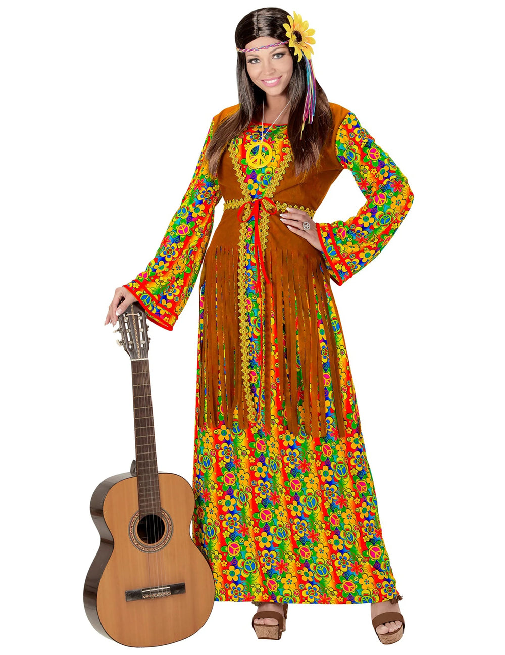 Vue de face avec guitare du déguisement robe longue hippie à franges pour femme