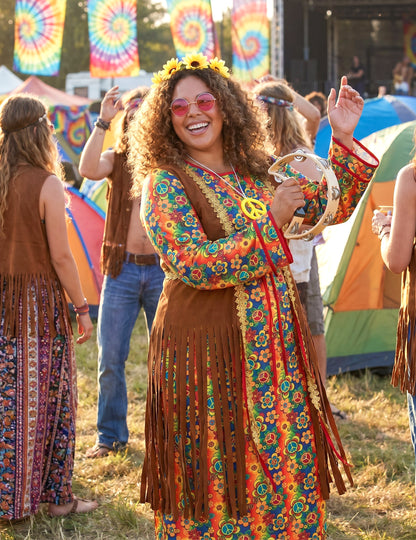 Déguisement robe longue hippie à franges grande taille femme