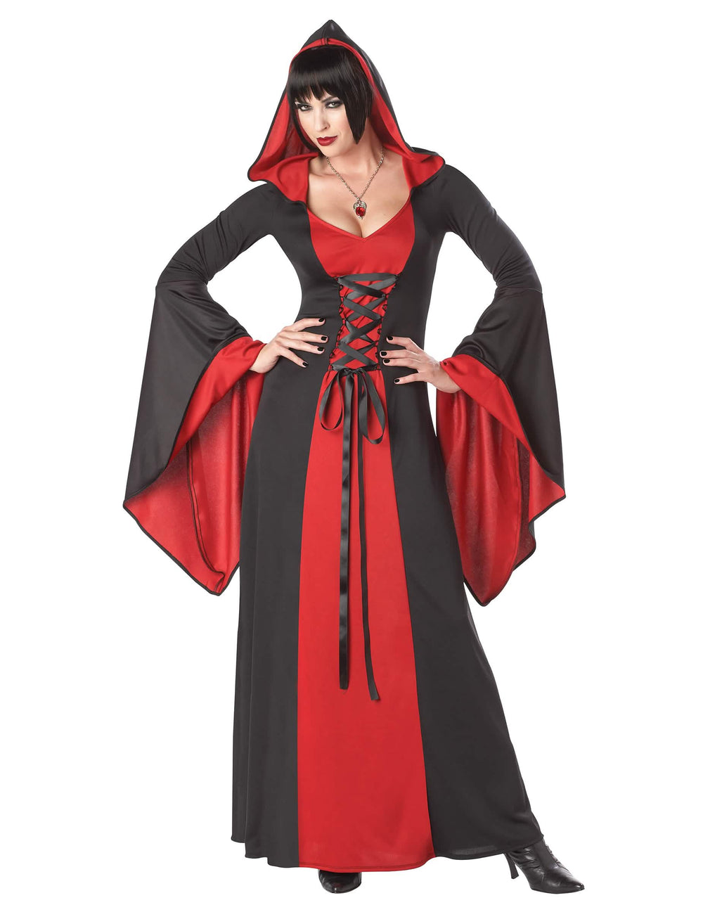 Costum rochie Maleficenta cu glugă pentru femeie negru și roșu cu mâneci evazate și șireturi