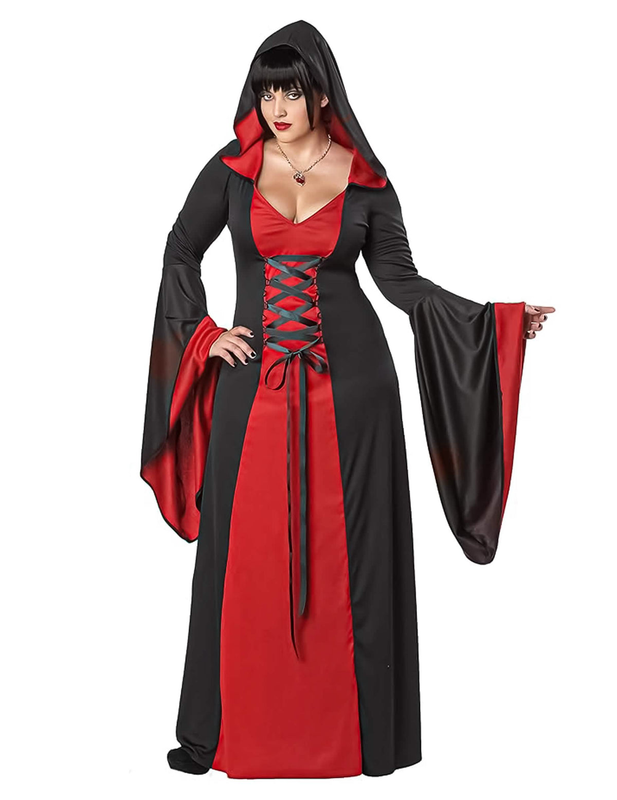 Costum rochie Maleficenta cu glugă pentru femeie negru și roșu