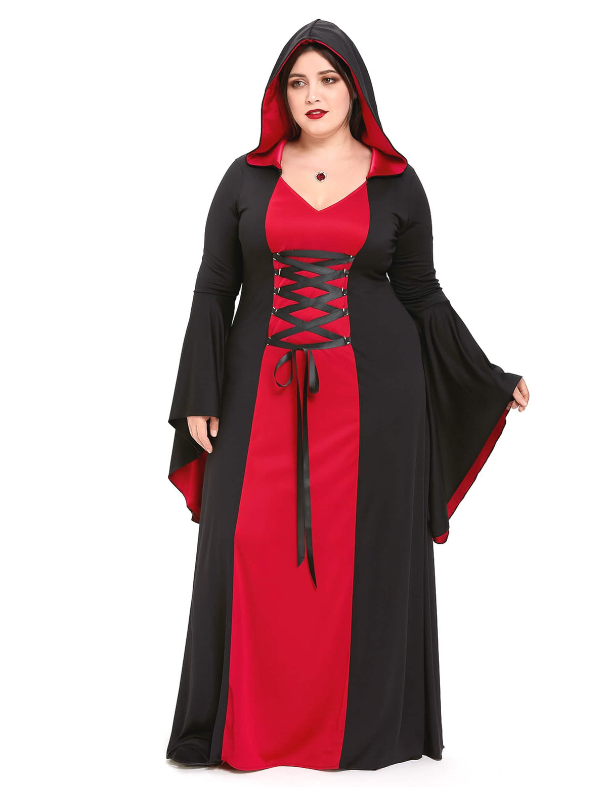 Vedere din față a costumului rochie Maleficenta cu glugă