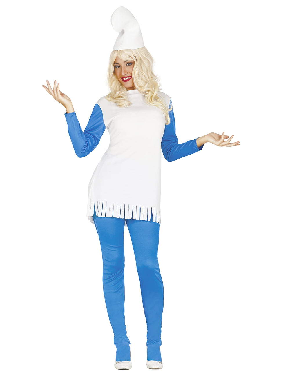 Déguisement robe nain bleu pour femme blanc et bleu avec bonnet
