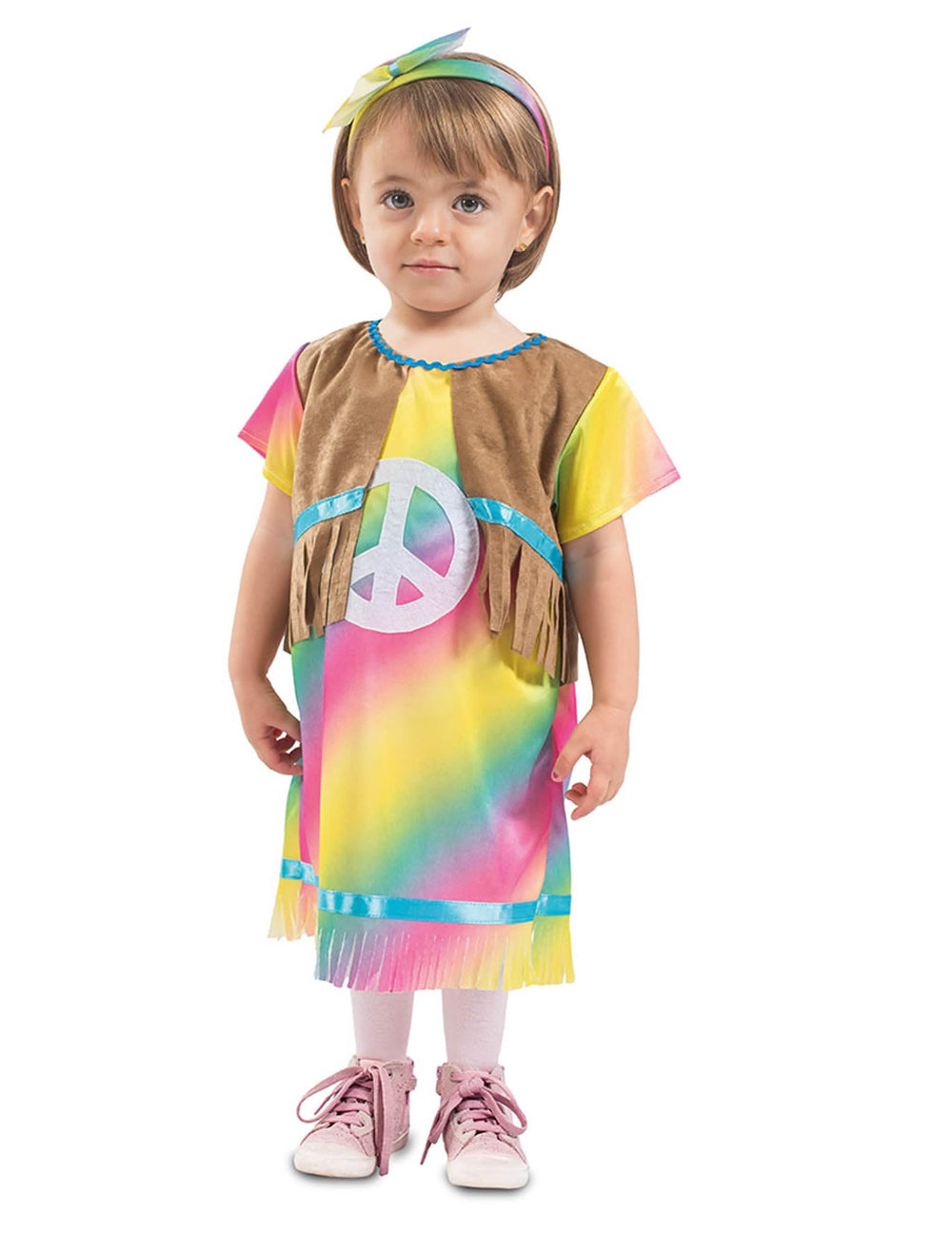 Costum rochie hippie pentru bebeluș multicolor cu vestă cu franjuri