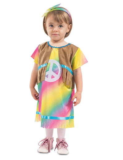 Déguisement robe hippie pour bébé multicolore avec gilet à franges