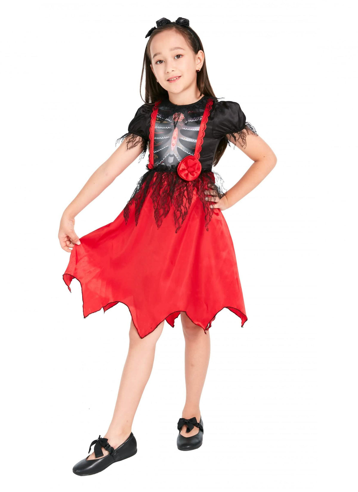 Déguisement robe squelette avec serre-tête pour fille rouge et noir