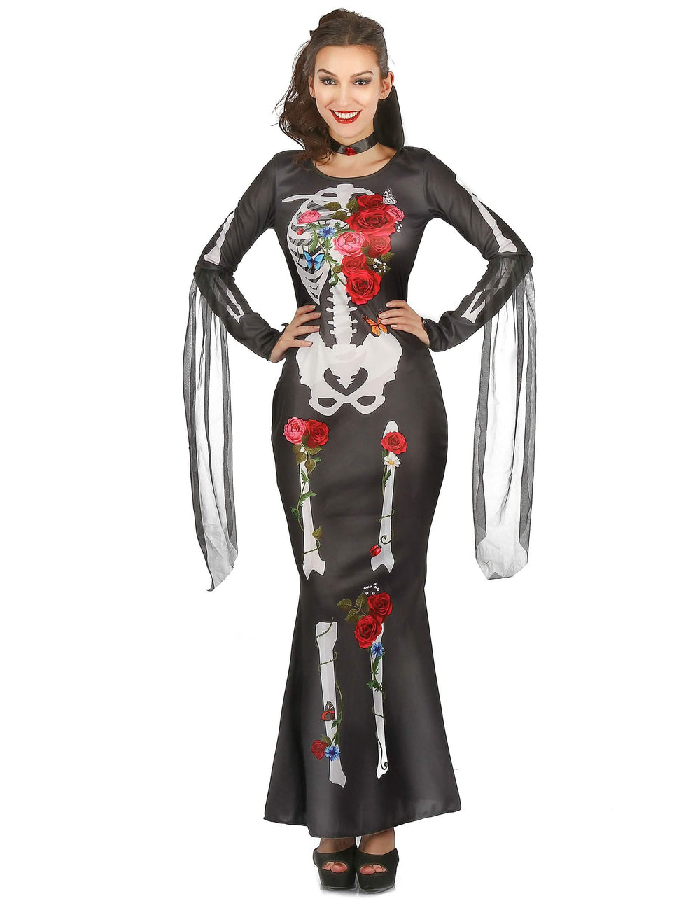 Costum rochie schelet Dia De los Muertos pentru femeie neagră cu flori roșii