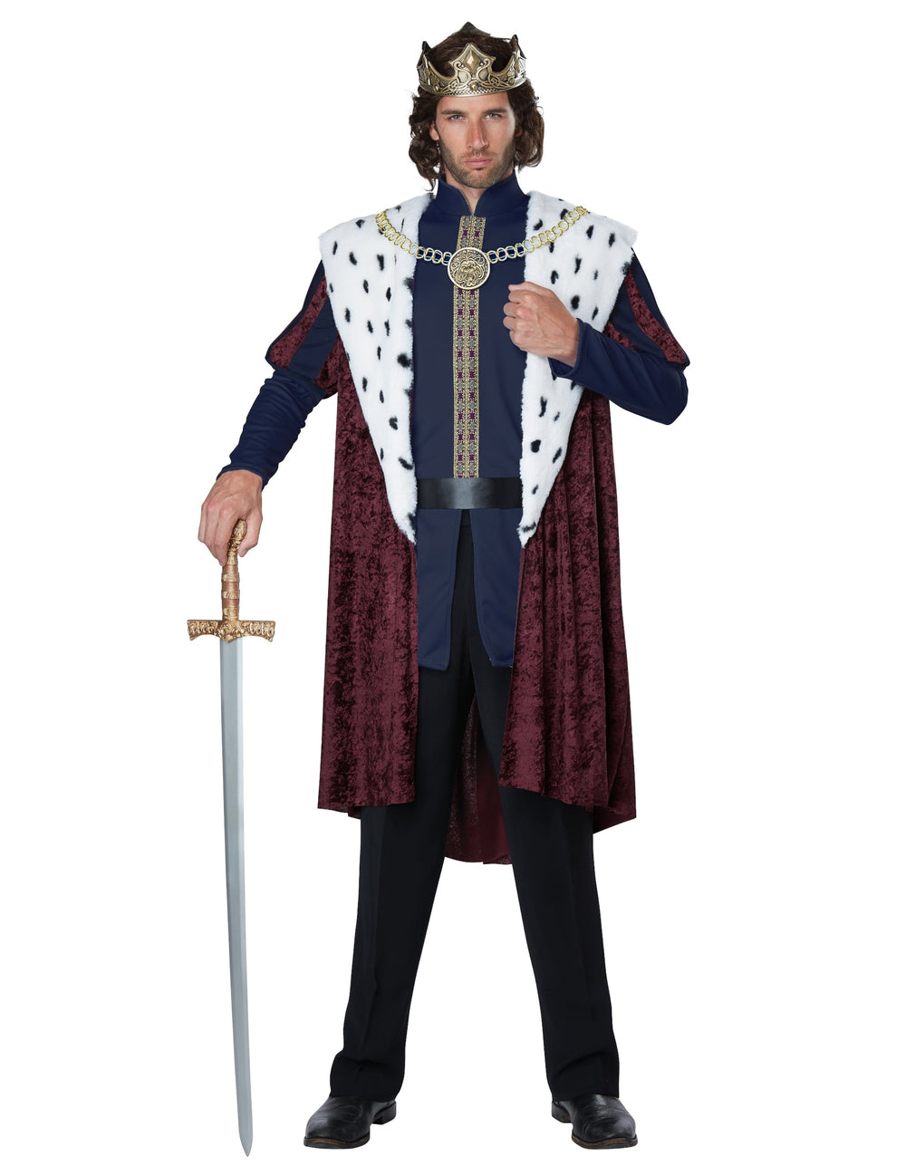Déguisement roi de conte de fée luxe pour homme bordeaux et bleu avec cape en fausse fourrure