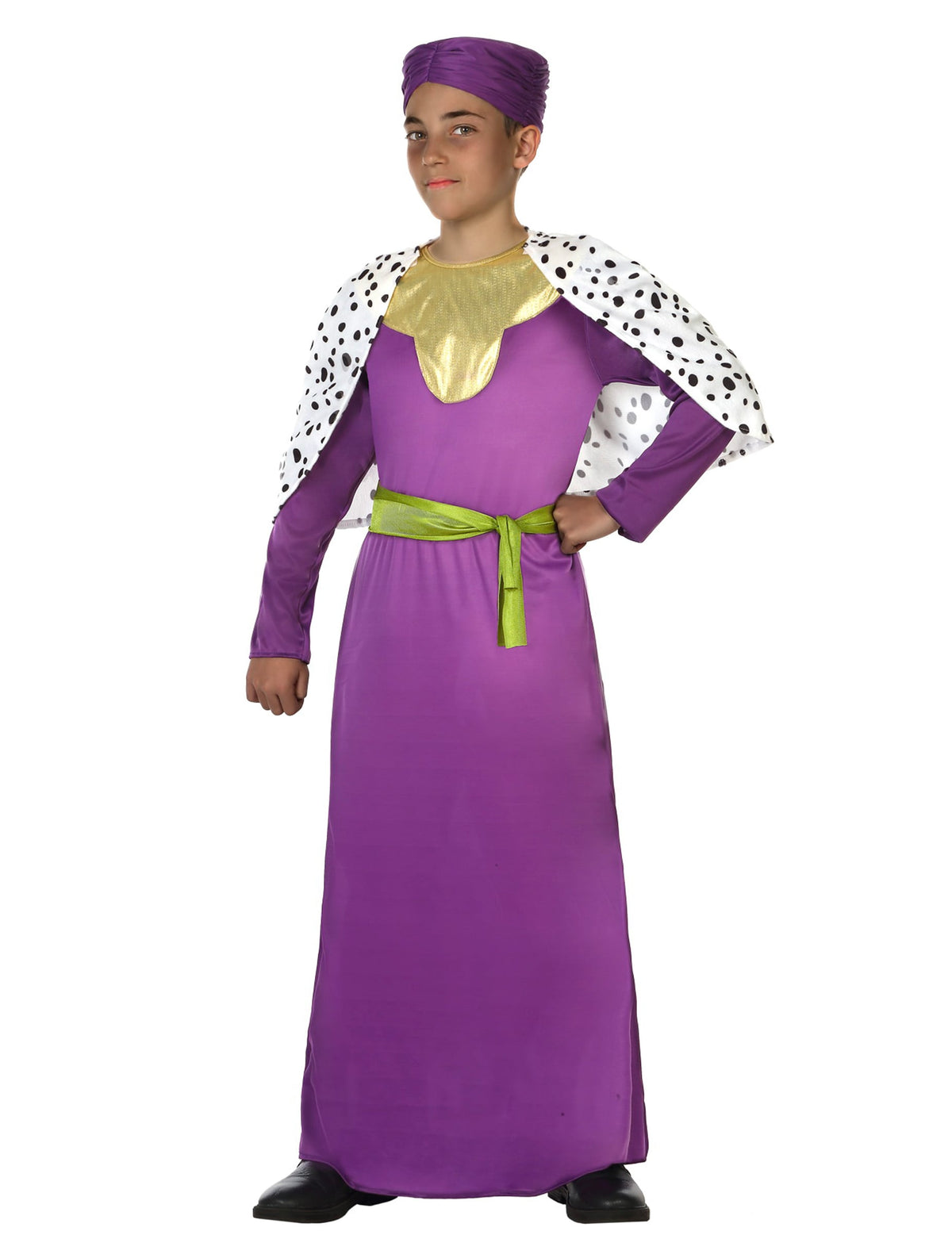 Déguisement de roi mage pour enfant violet avec cape à pois et ceinture verte