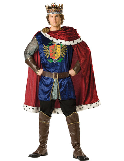 Costum de Rege pentru bărbați, luxos, albastru și roșu, cu pelerină și coroană