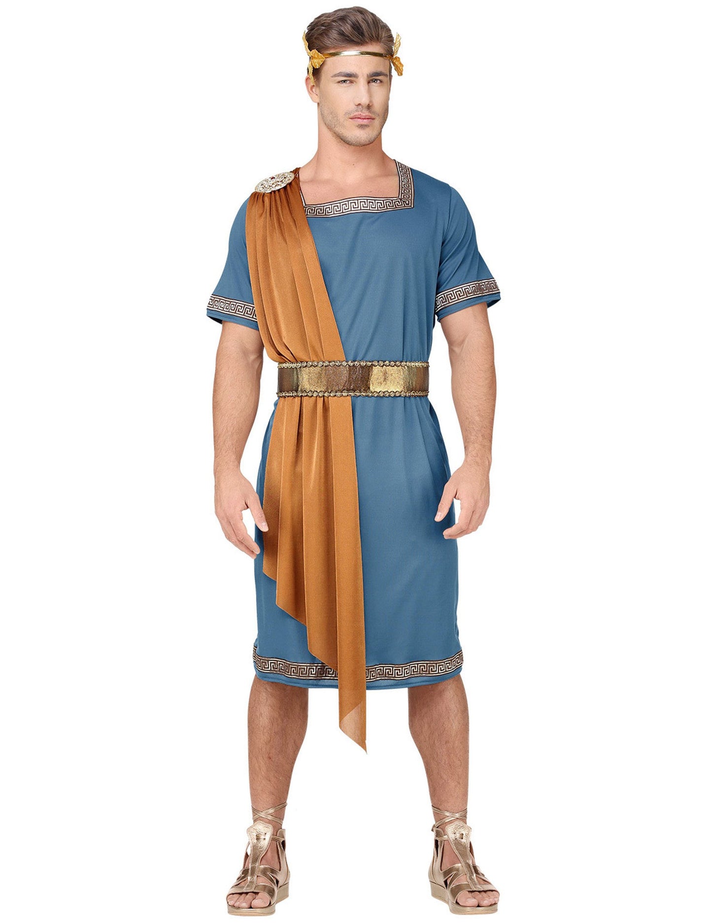 Déguisement de roi romain pour adulte bleu et or avec couronne de laurier