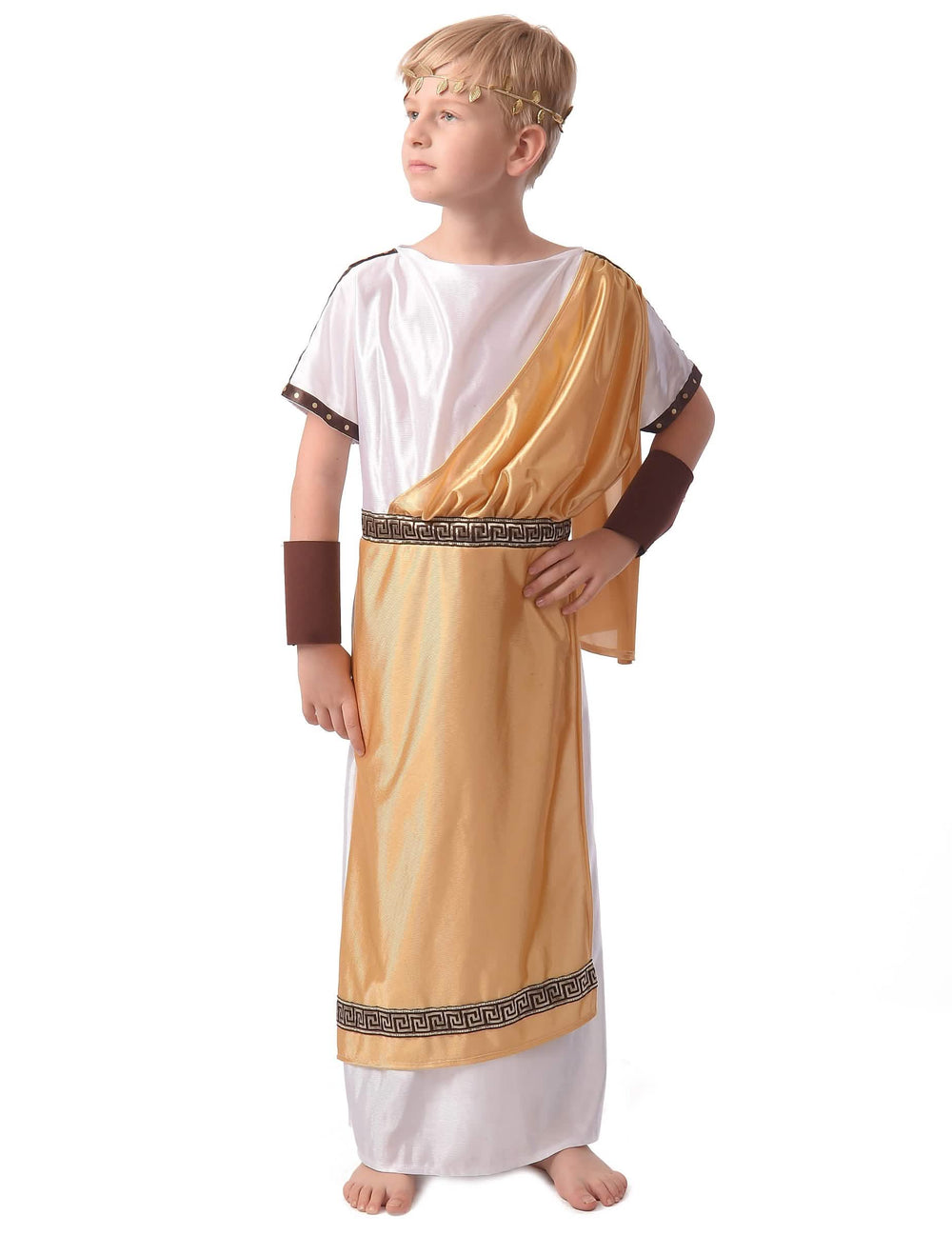Costum roman pentru băiat alb și auriu cu coroană de lauri