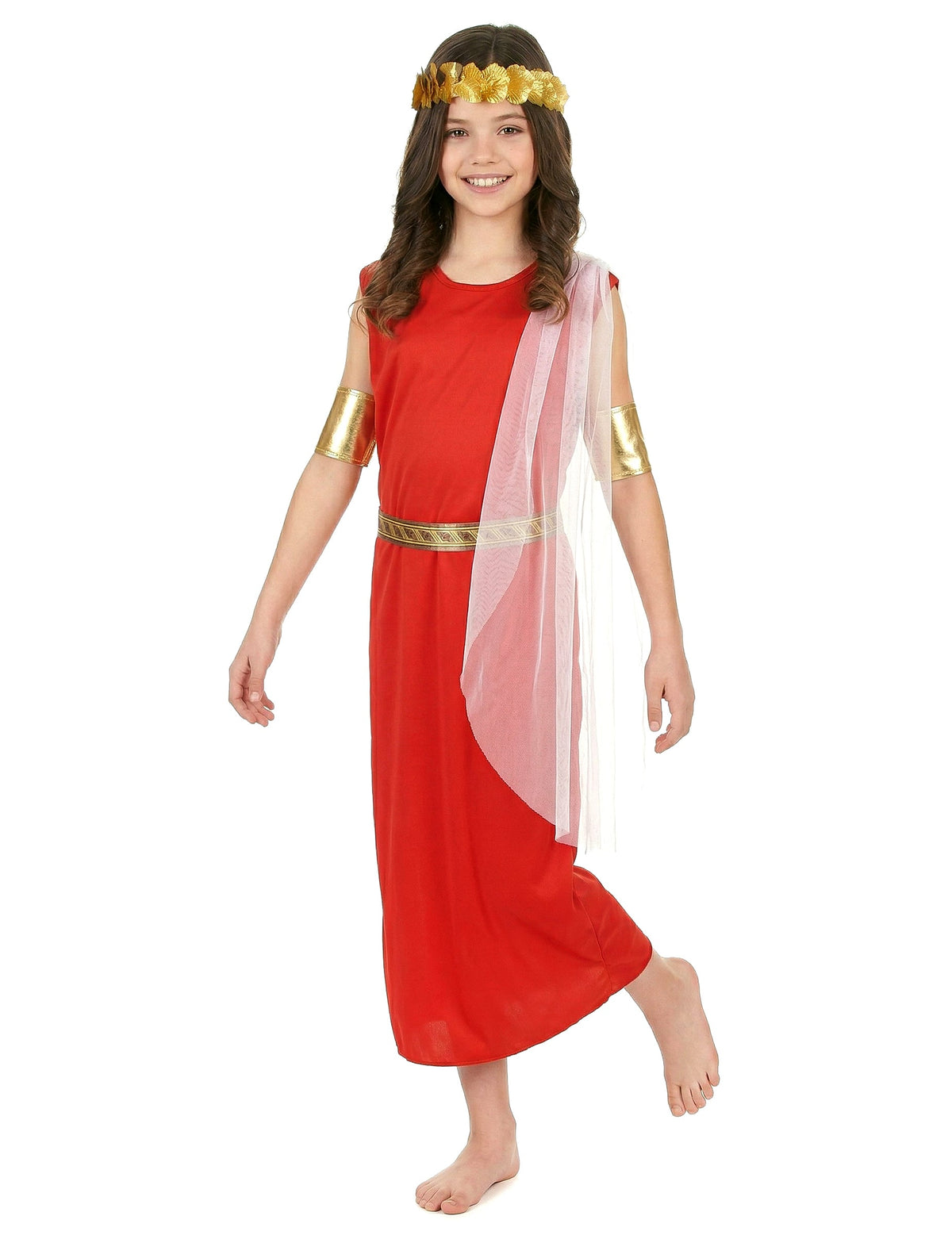 Déguisement de romaine pour fille rouge avec accessoires dorés et voile blanc