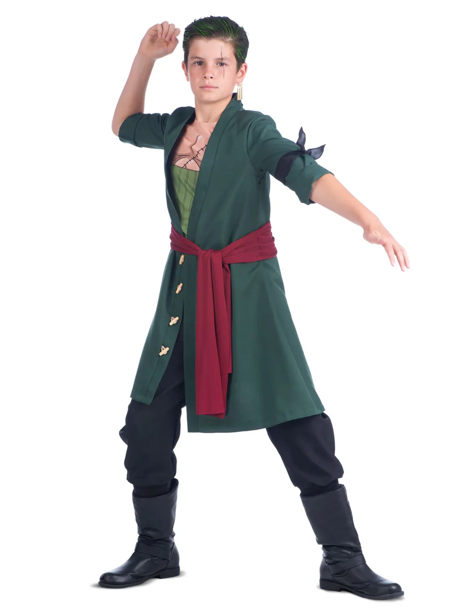 Vue d'ensemble en pose de combat du déguisement Roronoa Zoro One Piece pour enfant