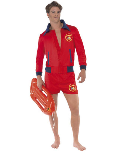 Costum de salvamar Alerte la Malibu pentru adult roșu cu colac gonflabil