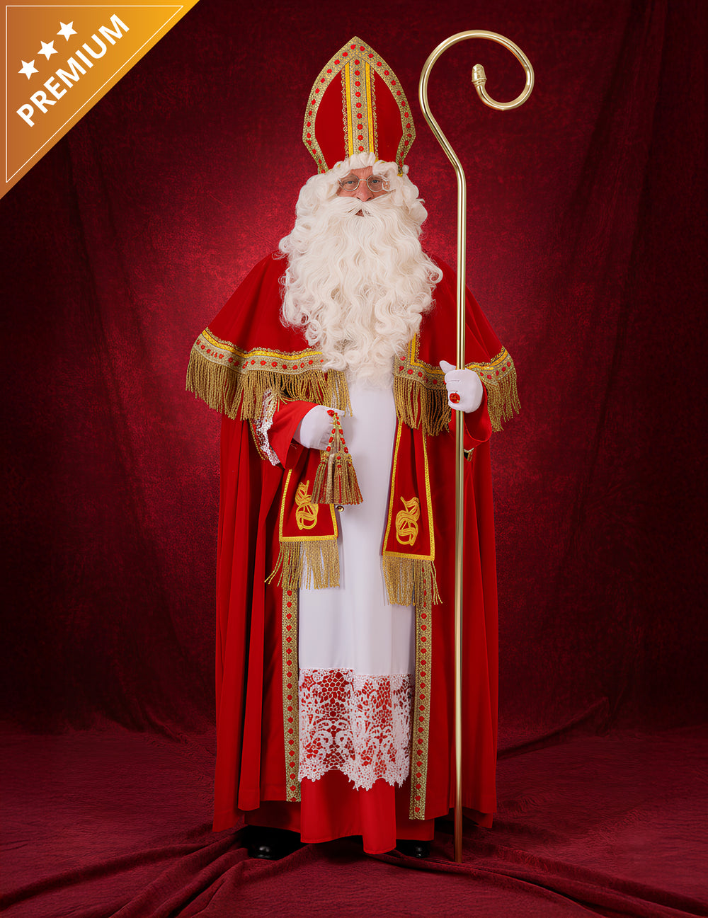 Déguisement Saint Nicolas premium pour adulte rouge et blanc avec détails dorés
