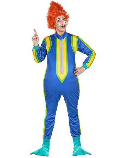 Déguisement Sams pour adulte bleu jaune et vert avec perruque orange et nez de cochon