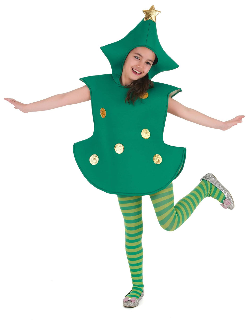 Costum brad 3D pentru copil verde cu globuri aurii și pălărie stea