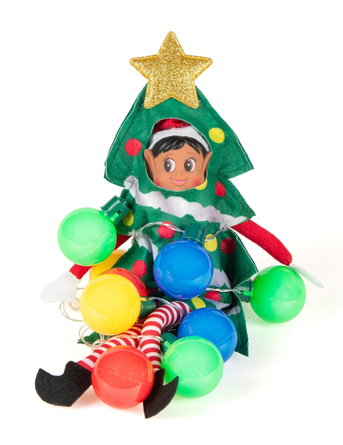 Lutin farceur assis avec guirlande de boules du déguisement sapin de Noël pour poupée lutin farceur
