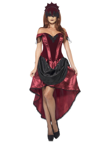 Déguisement séductrice vénitienne pour femme bordeaux et noir avec masque en dentelle