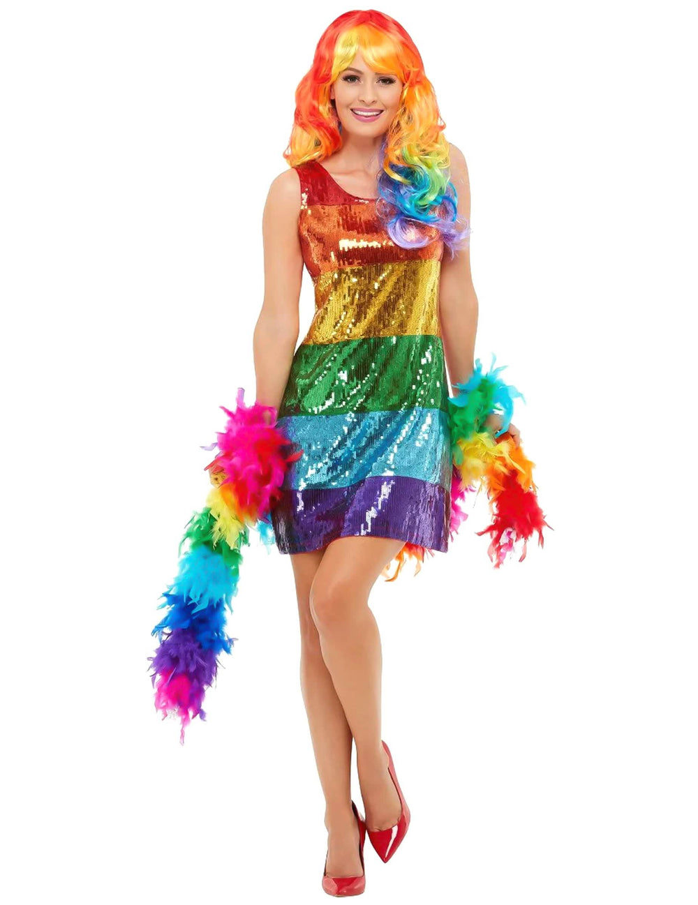 Deghizament cu paiete curcubeu pentru femeie multicolor cu boa din pene
