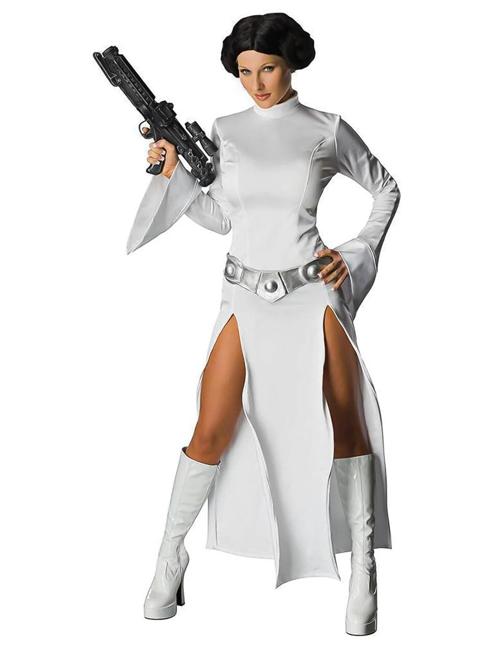 Vedere din față cu blasterul costumului sexy prințesă Leia Star Wars