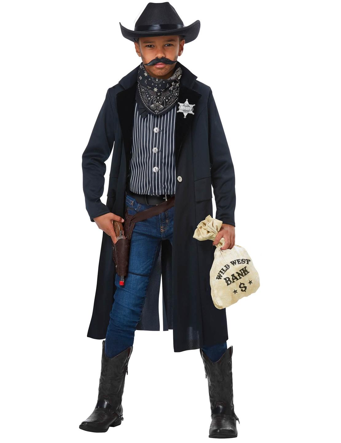 Déguisement de shérif pour enfant noir avec long manteau et chapeau