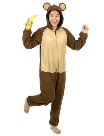 Déguisement de singe pour femme marron et beige avec capuche à oreilles