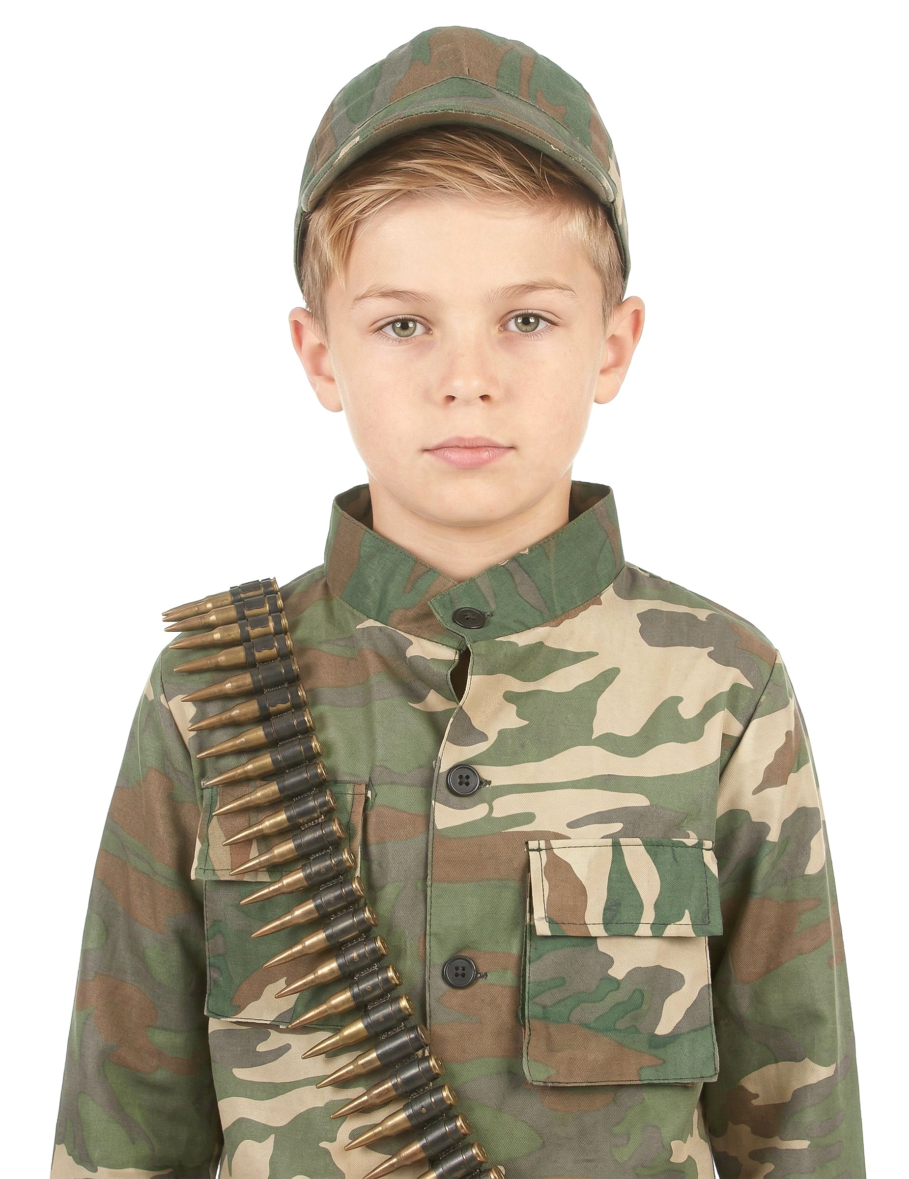 Gros plan sur le buste et la casquette du déguisement de soldat pour garçon