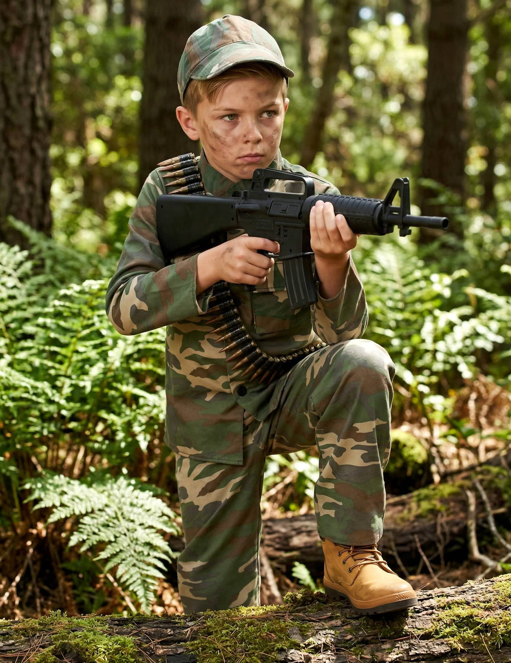 Sesiune foto în pădure a costumului de soldat pentru băiat