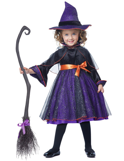 Costum de vrăjitoare abracadabra de lux pentru fată, violet și negru, cu pălărie și curea portocalie